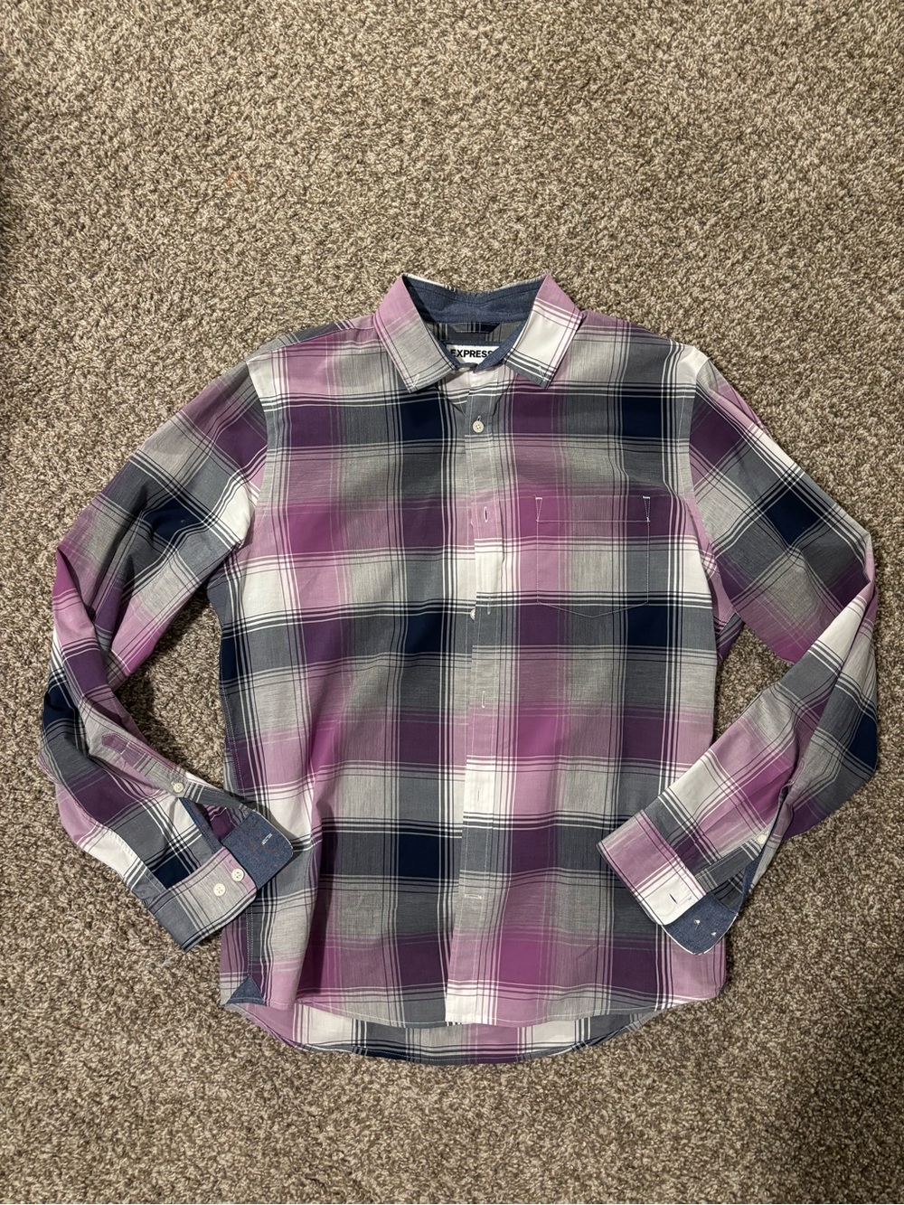 Express Men’s Purple and Navy Plaid Button-Down Shirt